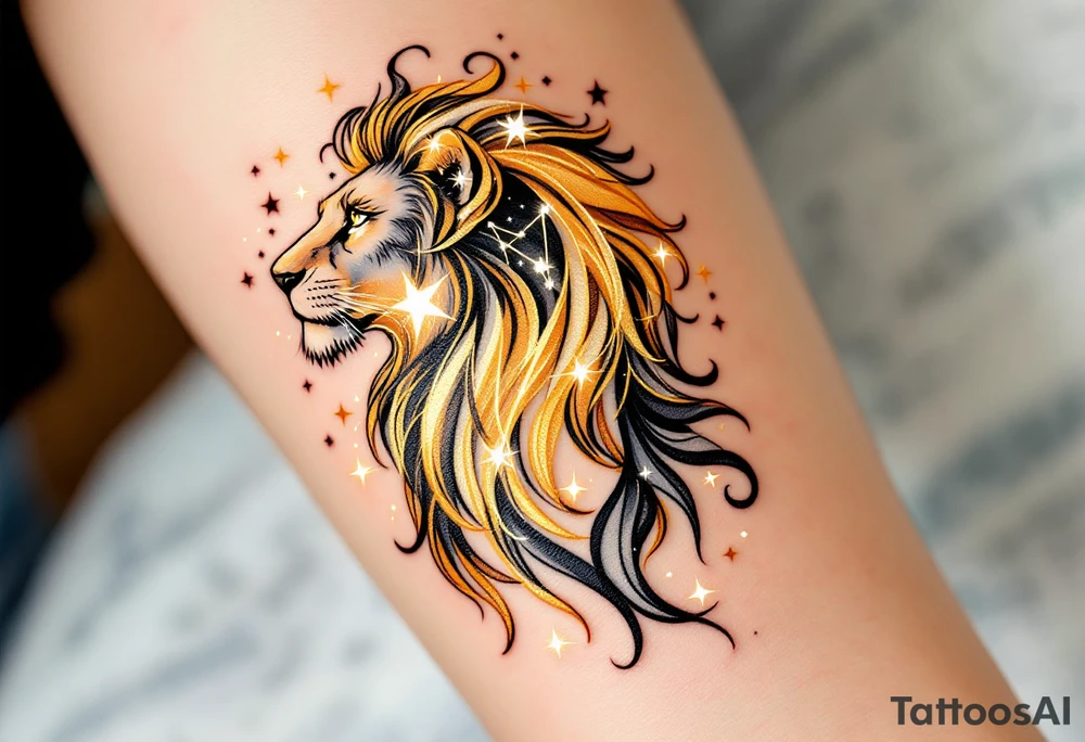 A stylized lion made of swirling gold lines emerges from a starry sky, with the Leo star constellation glowing in white across its mane. tattoo idea