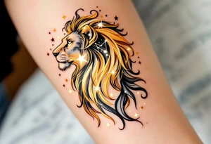 A stylized lion made of swirling gold lines emerges from a starry sky, with the Leo star constellation glowing in white across its mane. tattoo idea