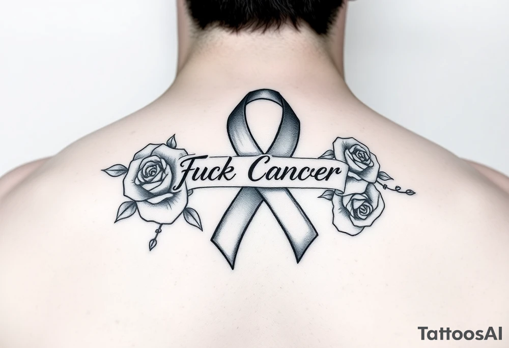 Cancer ribbon that says fuck cancer pretty with roses fits on fore arm tattoo idea