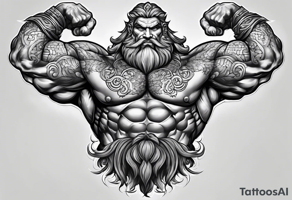 full body strong mythical giant turned to the side about to punch something stipple shading tattoo idea