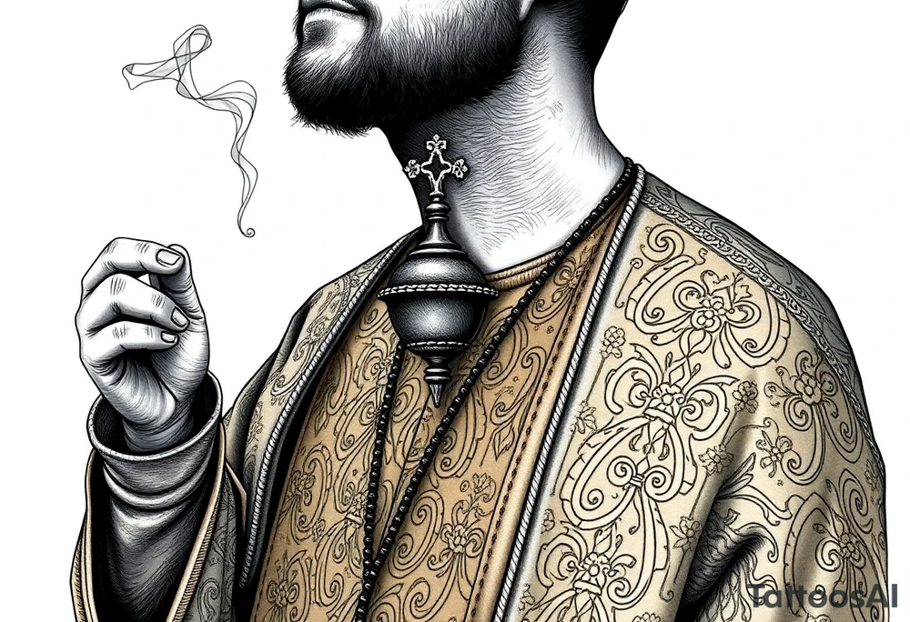 A Russian Orthodox Priest in full gold vestments swinging a censer with smoke curling upward 

The ornate robes give incredible fine line detail
The incense smoke could flow and connect to other elements
It ties directly into the church and Virgin Mary you already have
Very culturally authentic to the overall theme tattoo idea