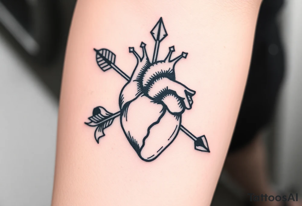 anatomical heart pierced by ornate arrow with flowing ribbons tattoo idea