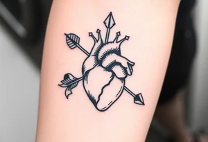 anatomical heart pierced by ornate arrow with flowing ribbons tattoo idea