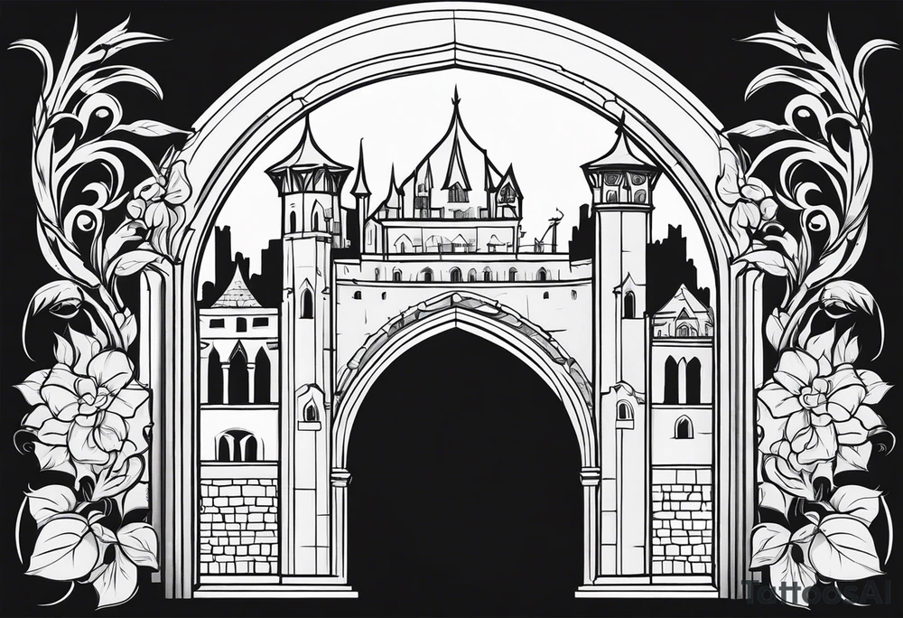 medieval tribal city gate floral land vignette tattoo idea