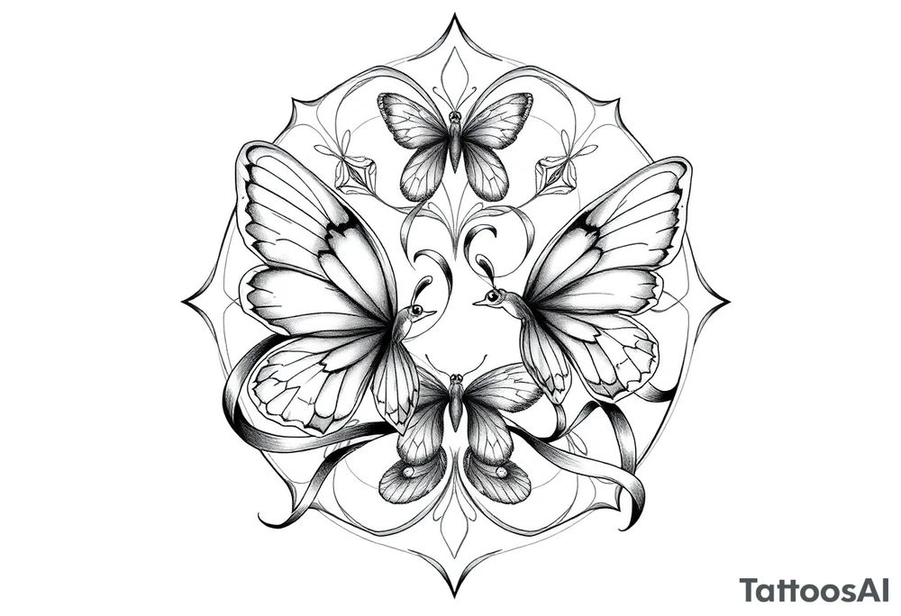 ethereal butterflies with flowing silk ribbons in geometric mandala tattoo idea