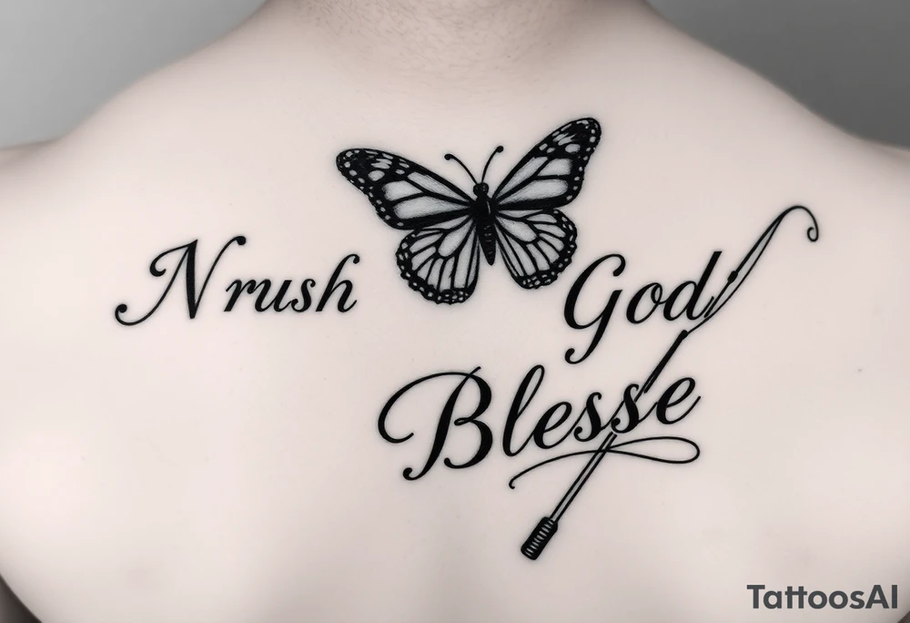 The words No Rush with a monarch butterfly and the words God Bless with a fishing pole. Tattoo is masculine for the upper arm tattoo idea