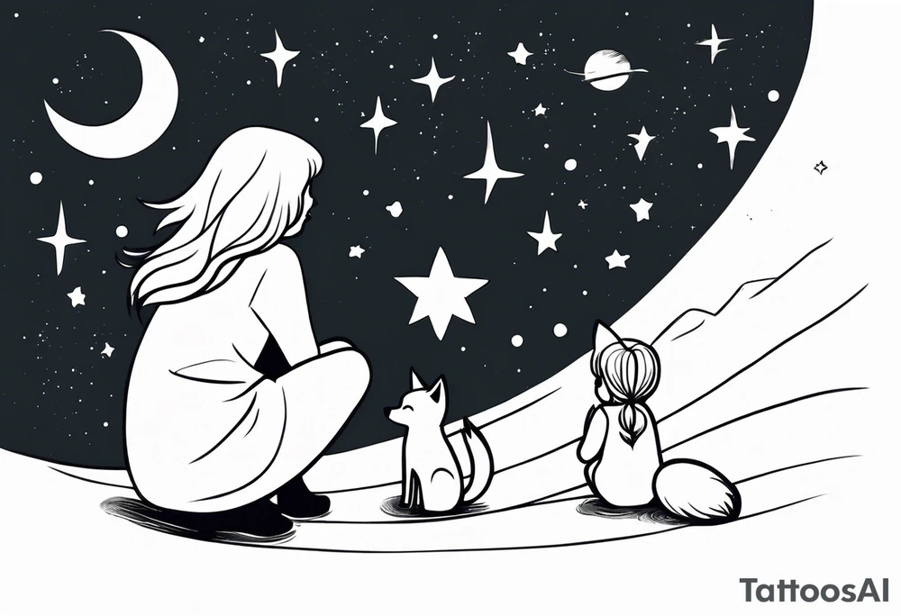 A little girl and a little fox looking at the stars, we see them from behind tattoo idea