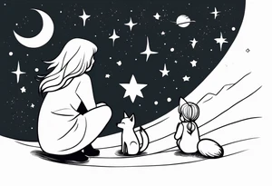 A little girl and a little fox looking at the stars, we see them from behind tattoo idea