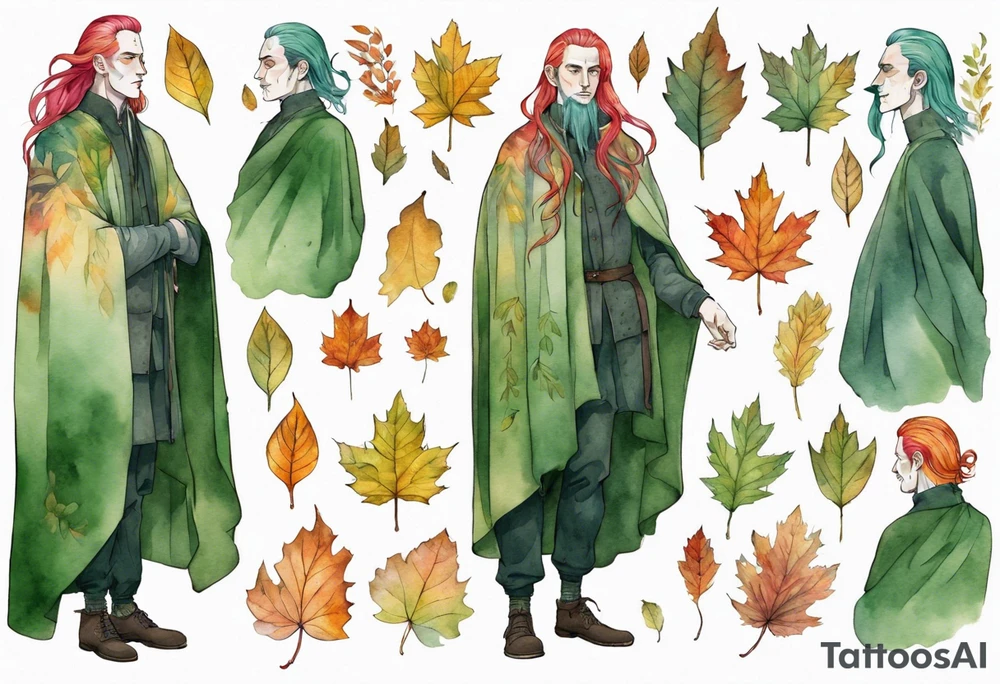 A tall, beautiful Swedish man with long rainbow hair. Green tinted skin. Wearing a medieval cloak made out of autumn leaves. tattoo idea
