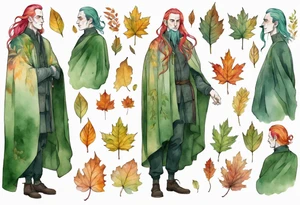 A tall, beautiful Swedish man with long rainbow hair. Green tinted skin. Wearing a medieval cloak made out of autumn leaves. tattoo idea