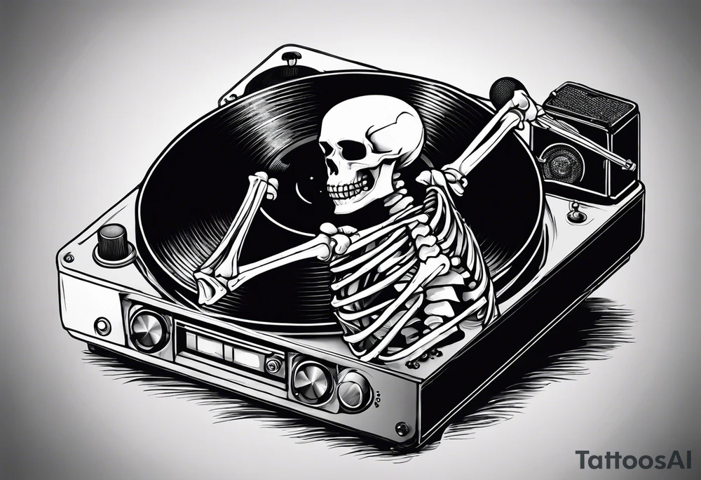 Skeleton listening to record player tattoo idea