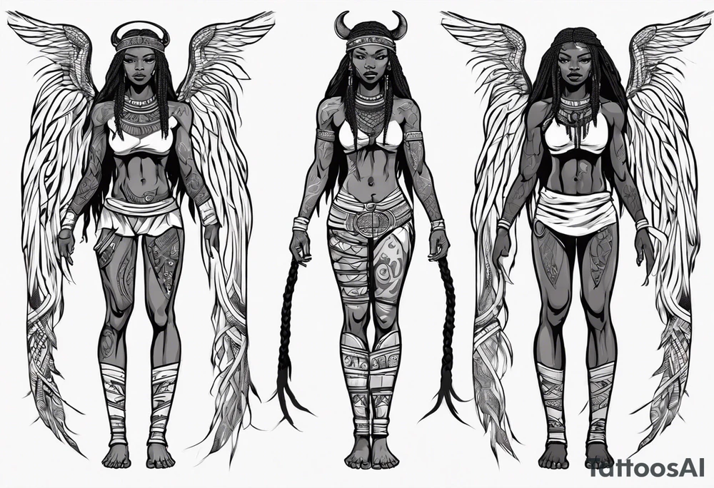 African female Viking  angel full body 
slim long face small mouth long braided hair tattoo idea