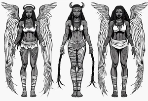 African female Viking  angel full body 
slim long face small mouth long braided hair tattoo idea