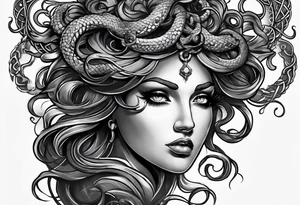 Medusa head with a mysterious expression, capturing both her allure and danger. Blend dream-like qualities with the striking figure of Medusa. tattoo idea