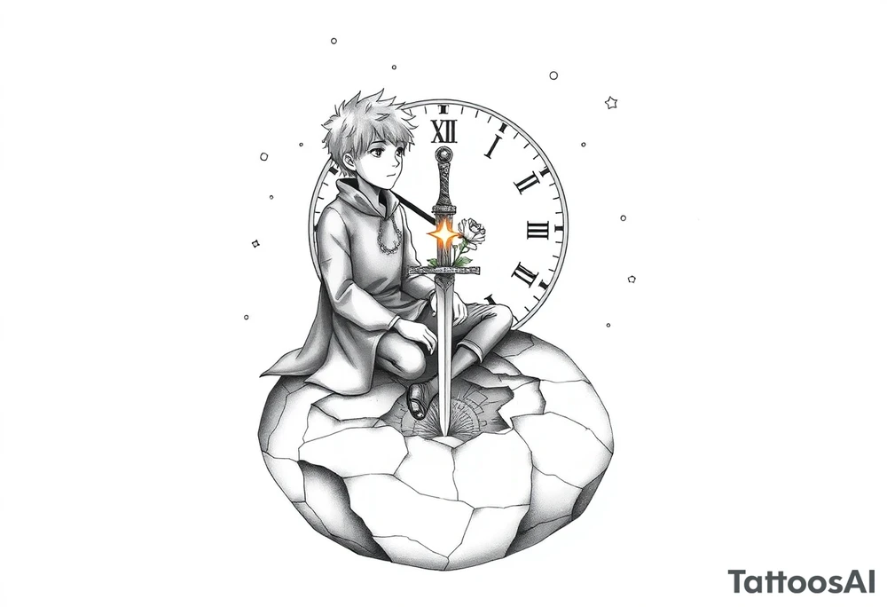 A reimagined masculine version of The Little Prince sitting on a cracked, floating planet. He has a calm, contemplative expression, wearing a slightly worn cloak with geometric markings. Behind him floats a broken clock with exposed gears, representing anxiety and overthinking. Instead of a rose, a flower wraps around a sword stuck into the ground—symbolizing love and emotional struggle. A glowing star burns in his chest, symbolizing inner strength and controlled passion. Around him are small floating fragments, like puzzle pieces or mechanical parts—representing deep thought and attention to detail. The sky shows incomplete constellations, symbolizing the search for connection and meaning. Style: fine line with surrealist touches, black and grey, minimalist shading. tattoo idea