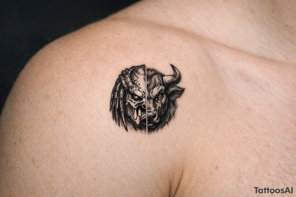 a face half predator half bull tattoo idea