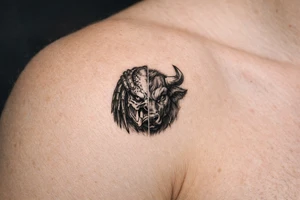 a face half predator half bull tattoo idea