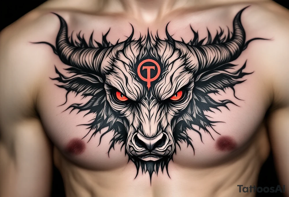 Abstract looking angry taurus lower chest tattoo with red eyes, taurus symbol in between eyes, tattoo idea