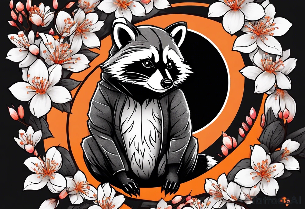 Raccoon wearing a white Superman logo on a black hoodie and orange Japanese cherry blossoms tattoo idea