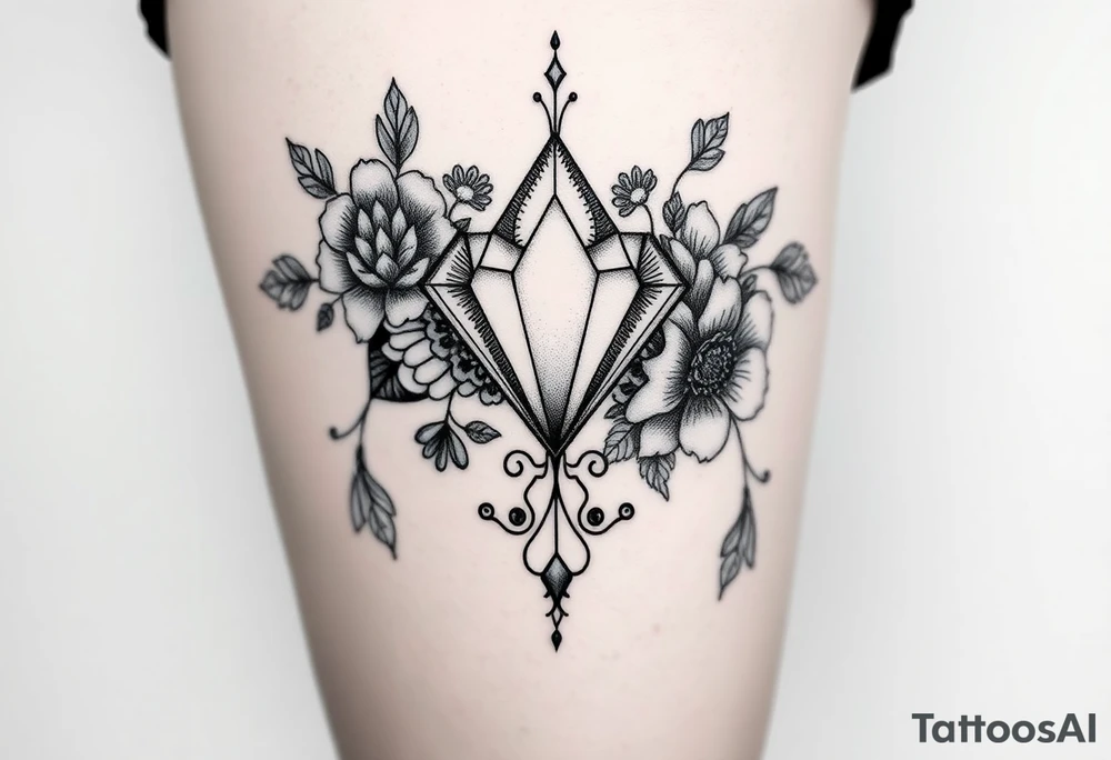 Diamond with vintage lace and flowers more detailed tattoo idea