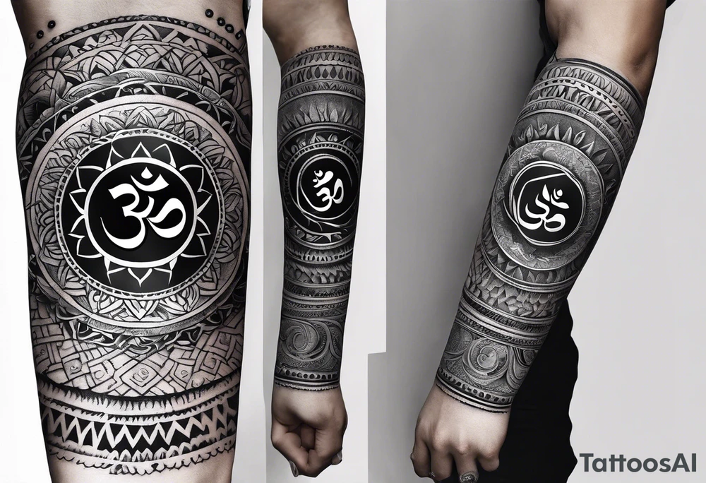 Forearm sleeve tattoo based around Sanskrit Om symbol tattoo idea Forearm sleeve tattoo based around Sanskrit Om symbol tattoo idea