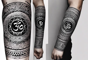 Forearm sleeve tattoo based around Sanskrit Om symbol tattoo idea