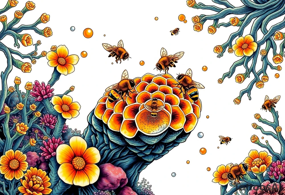 Coral reef scene with honey bees swimming on honey comb tattoo idea