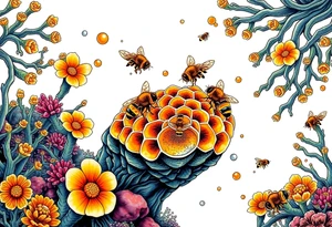 Coral reef scene with honey bees swimming on honey comb tattoo idea