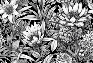 the flowers only of sage, sweetgrass, cedar and tobacco plants, enlarged so that they cap a shoulder and flow down the bicep, be realistic tattoo idea