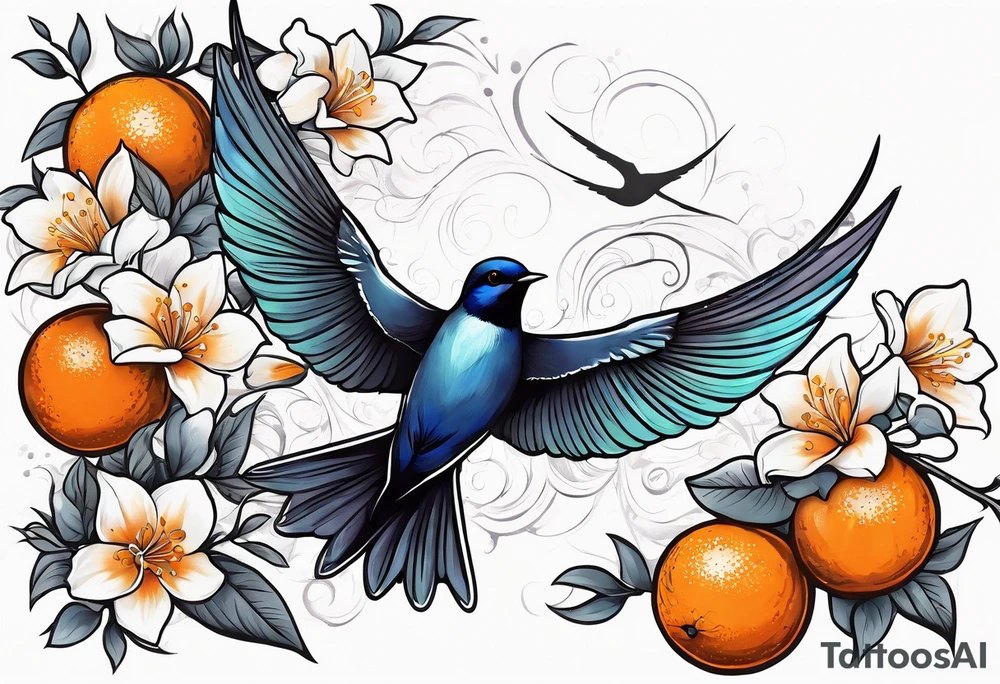 swallow flying away from an orange blossom branch tattoo idea
