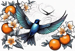 swallow flying away from an orange blossom branch tattoo idea