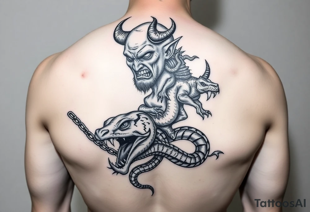 An giant ugly demonic man  holding a chain with a snake and something with devils horns ridding the snake both being slaves the snake has a wide shaped cobra head with goat horns and  a mouth full of sharp teeth and long fangs like a saber tooth tiger with the demonic guy riding on the back of snake tattoo idea