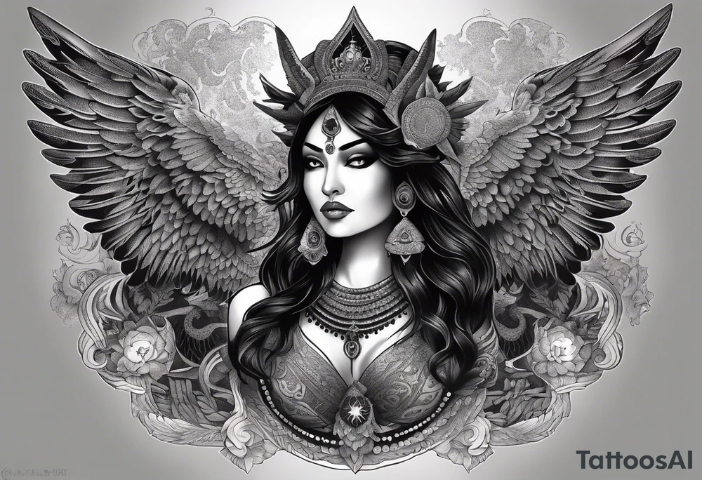 black kali, goddess pirate, alien, angel, pachamama, valkrye, warrior, flying, skull, lotus azul, wing, eagle, zenza resonance, stars, 5D, anahata chakra, death, durga, riding on a tiger, flying lady, kundalini, chest tatoo, samuri, rebel,serpent tattoo idea