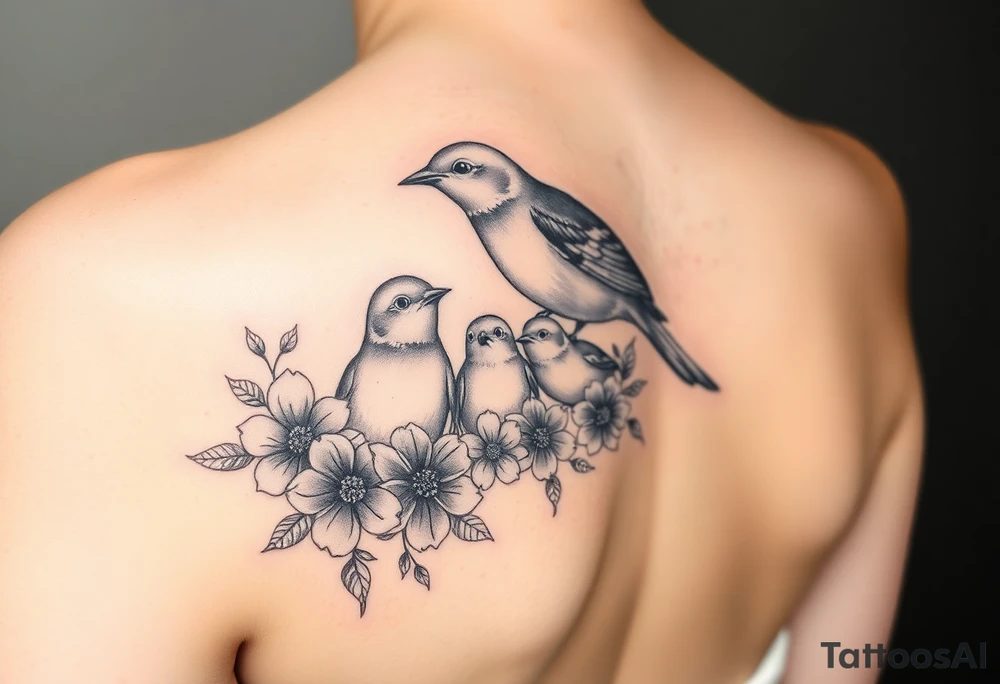 Mom bird and three baby birds with flowers tattoo idea
