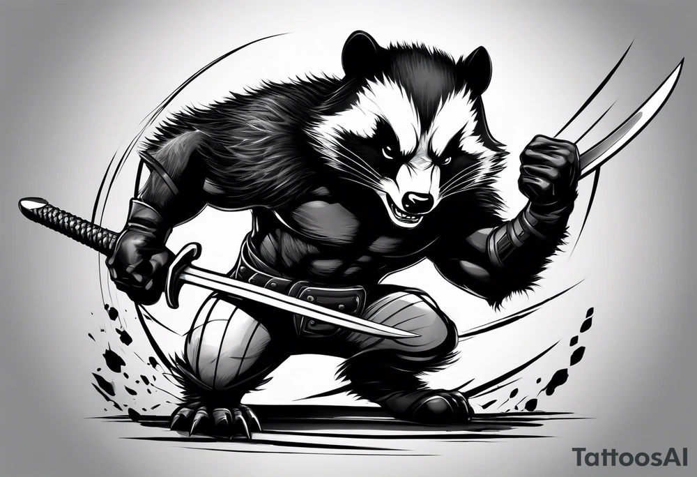 Draw me badger/wolverine with aggressive full body show, killer face with cute smile, very long nails and he attacks like a Turkish gladiator to enemy and also he has very deadly looking. The only weapon is his braveness. tattoo idea