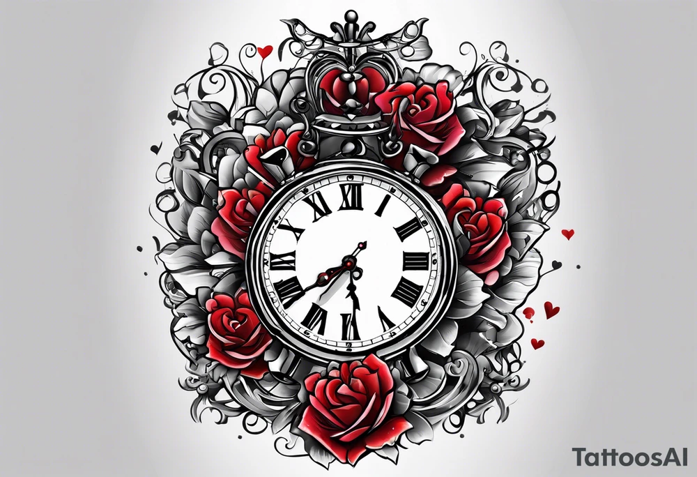 broken heart
clock in middle.
Clock hands on 8 and 5.
Never Say Never written on tattoo tattoo idea