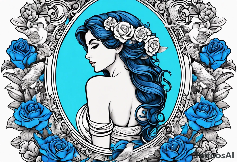 Aphrodite is the goddess of love, with a seaside background, surrounded by birds.. blue roses frames, background blue,present it in a tattoo, black hair, love motives tattoo idea