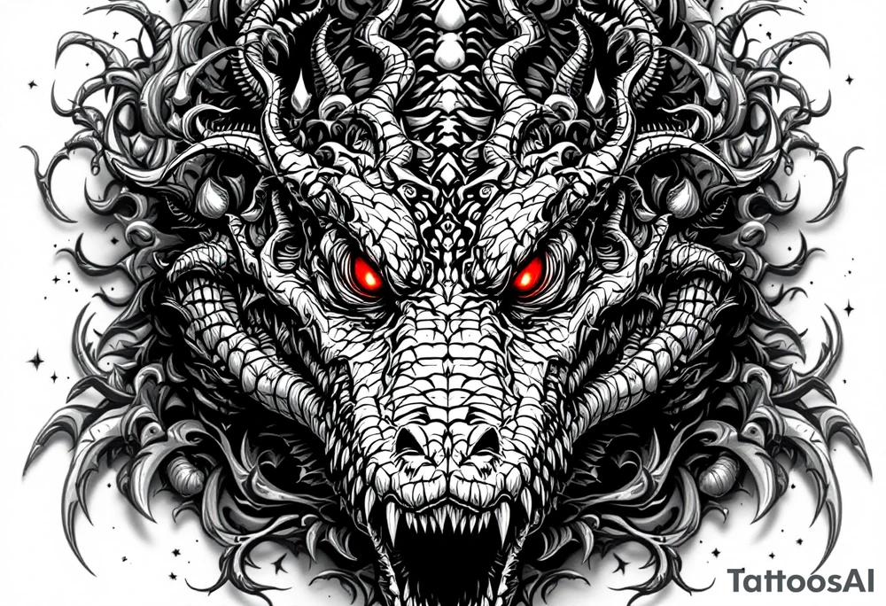 powerful majestic aligator with red eyes, surrounded by death ornaments tattoo idea