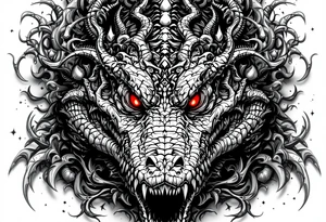 powerful majestic aligator with red eyes, surrounded by death ornaments tattoo idea