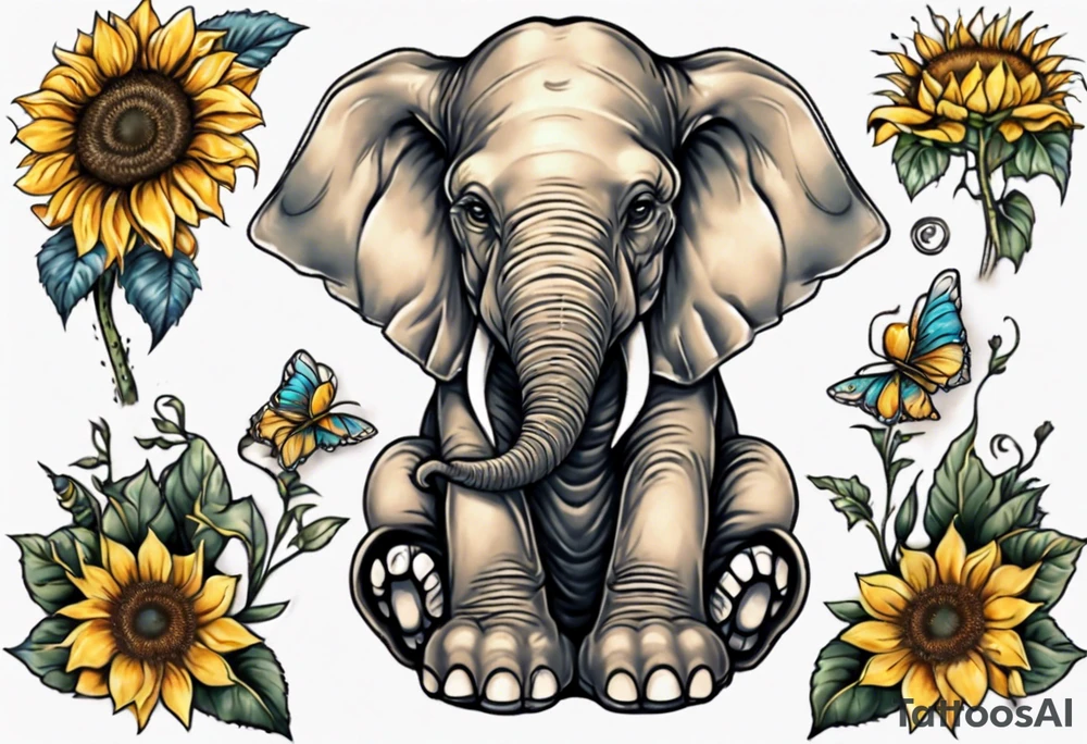 Sitting young elephant with Raised trunk and sunflowers tattoo idea