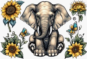 Sitting young elephant with Raised trunk and sunflowers tattoo idea