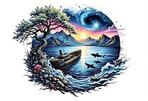 tattoo that has an acacia tree with mountains, ocean with a ship wreck with sharks and the northern star tattoo idea