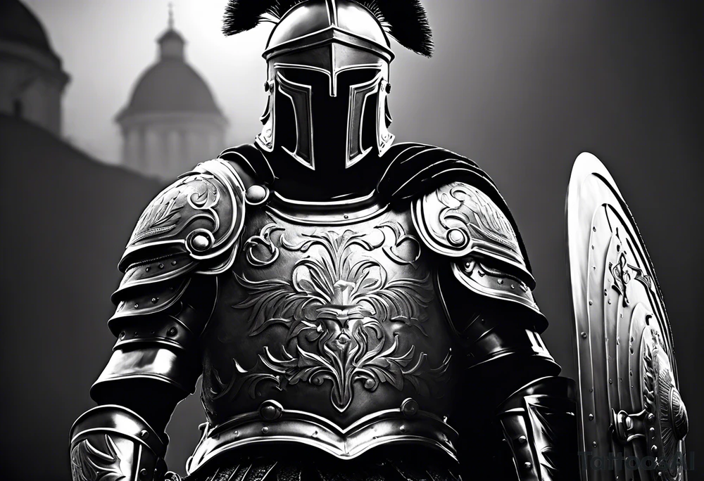 a black and white illustration of a roman soldier from AD 60, wearing armor which must include an armoured belt, breastplate, armoured shoes, shield, helmet and sword.
the soldier must look strong. the soldier is faceless. The image must include the full person - from head to toes tattoo idea