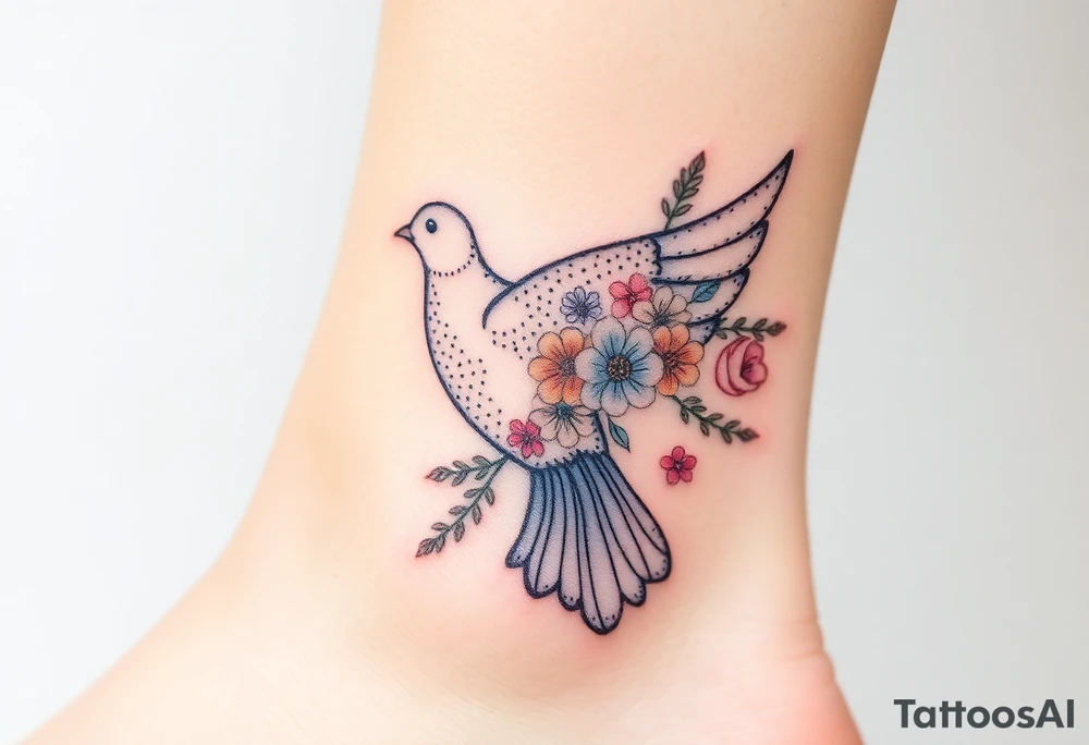 A collared dove with a bouquet of wildflowers in its talons, in soft pastel tones like lavender, peach, and pale blue, representing love and freedom in nature tattoo idea