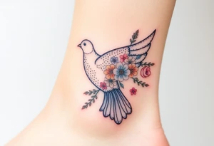 A collared dove with a bouquet of wildflowers in its talons, in soft pastel tones like lavender, peach, and pale blue, representing love and freedom in nature tattoo idea