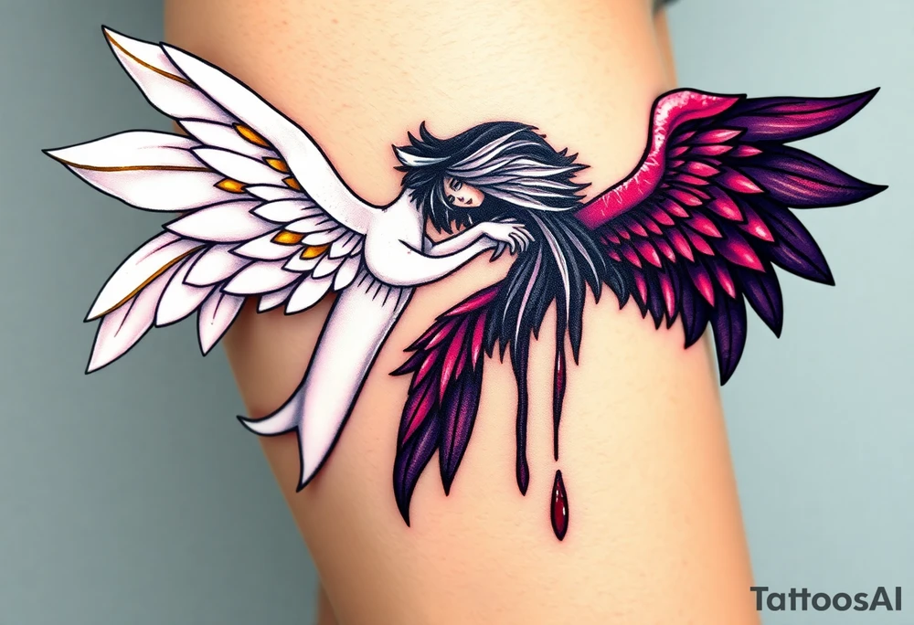 one angel, with brilliant white wings that shine with golden accents ageinst fallen angel, whose wings are tattered and darkened with deep purples, reds, and blacks, dripping with sorrowful tears of blood. tattoo idea
