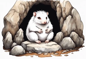 a solitary fat white mole with big breasts with brown dreadlocks and big eyes sitting in stone throne in a cave tattoo idea