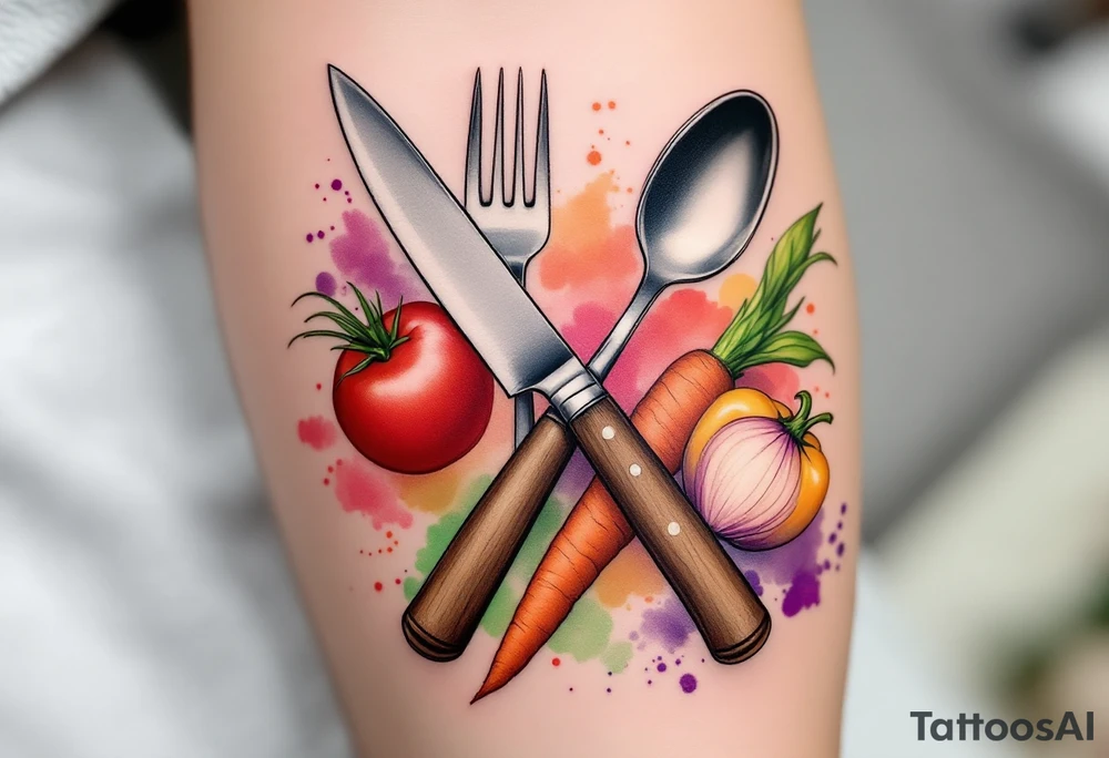 A realistic kitchen tattoo design showing a stainless steel chef’s knife with a brown wooden handle crossed over a silver fork and spoon, surrounded by fresh vegetables: a bright red tomato, an orange carrot with green leaves, a purple onion, green basil leaves, and a yellow bell pepper — all arranged in a circular layout with soft watercolor splashes in red, green, orange, and violet behind them. tattoo idea