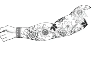 porcelain blue style with ornate, floral, and animal decor with a detailed banded border at the wrist and elbow. tattoo idea