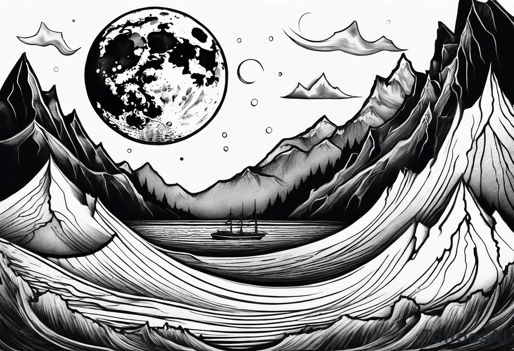 A moon that Drips at the bottom Surrounded by Mountains and waves. tattoo idea